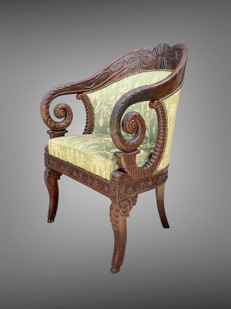 FRENCH CEREMONIAL ARMCHAIR, CARVED MAHOGANY STRUCTURE, EMPIRE PERIOD