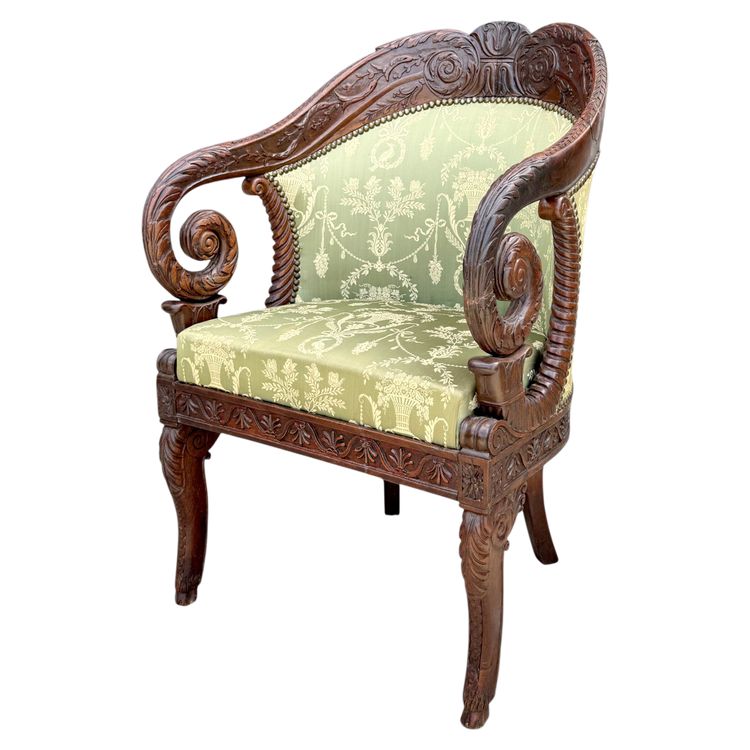 FRENCH CEREMONIAL ARMCHAIR, CARVED MAHOGANY STRUCTURE, EMPIRE PERIOD