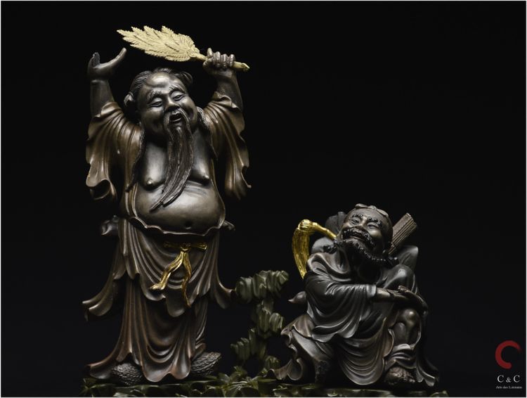 China, Qing Dynasty, 19th century, Polychrome lacquered wood group representing two Immortals