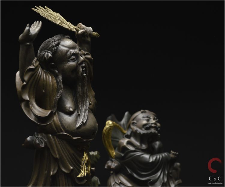China, Qing Dynasty, 19th century, Polychrome lacquered wood group representing two Immortals