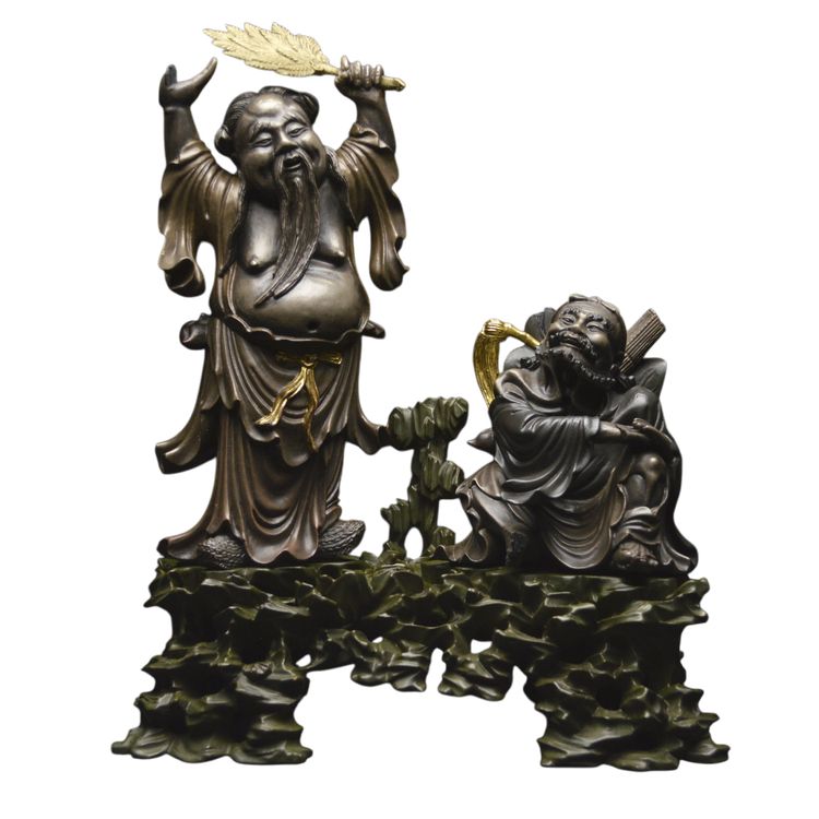 China, Qing Dynasty, 19th century, Polychrome lacquered wood group representing two Immortals