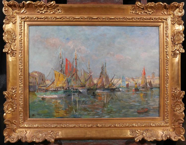 Edmond Petitjean 1844-1925 Les Sables d'Olonne, bateaux au port, tableau, paysage Vendée mer