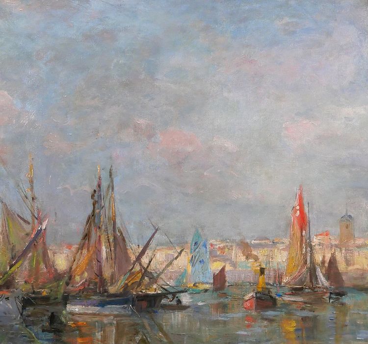 Edmond Petitjean 1844-1925 Les Sables d'Olonne, bateaux au port, tableau, paysage Vendée mer