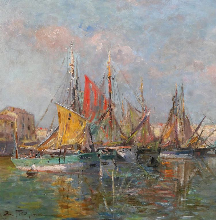 Edmond Petitjean 1844-1925 Les Sables d'Olonne, bateaux au port, tableau, paysage Vendée mer