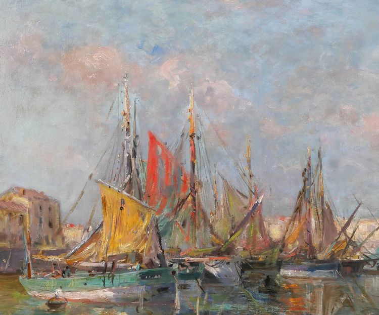 Edmond Petitjean 1844-1925 Les Sables d'Olonne, bateaux au port, tableau, paysage Vendée mer