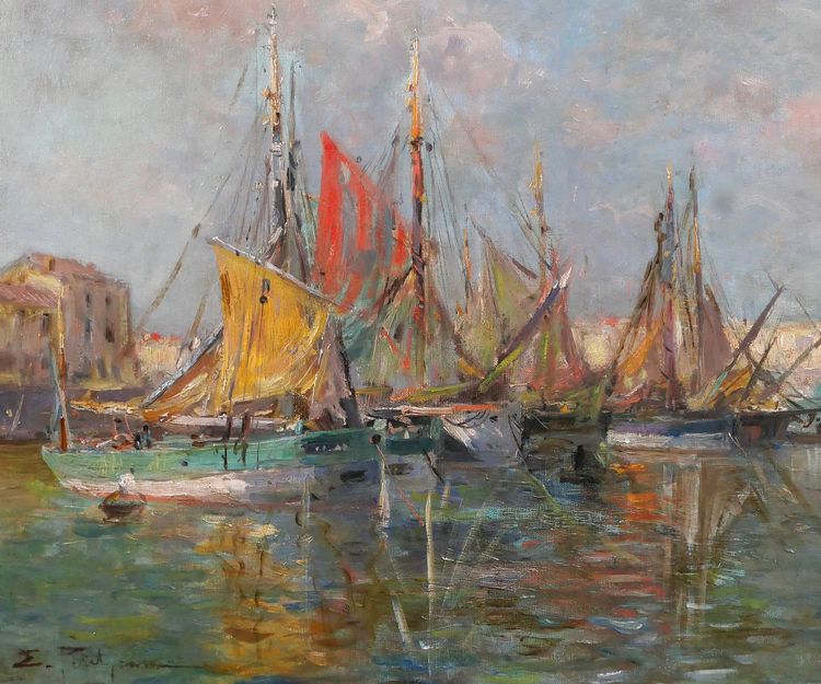Edmond Petitjean 1844-1925 Les Sables d'Olonne, bateaux au port, tableau, paysage Vendée mer