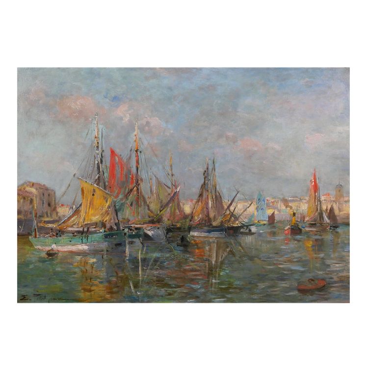 Edmond Petitjean 1844-1925 Les Sables d'Olonne, bateaux au port, tableau, paysage Vendée mer