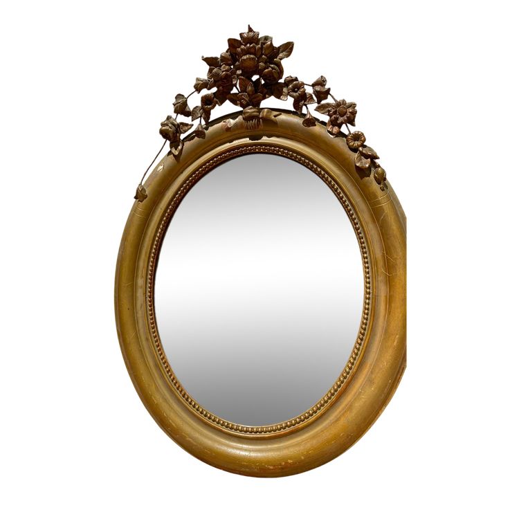 Miroir ovale à fronton fleuri en bois doré sculpté, époque Napoléon III – XIXᵉ siècle - 65x96 cm