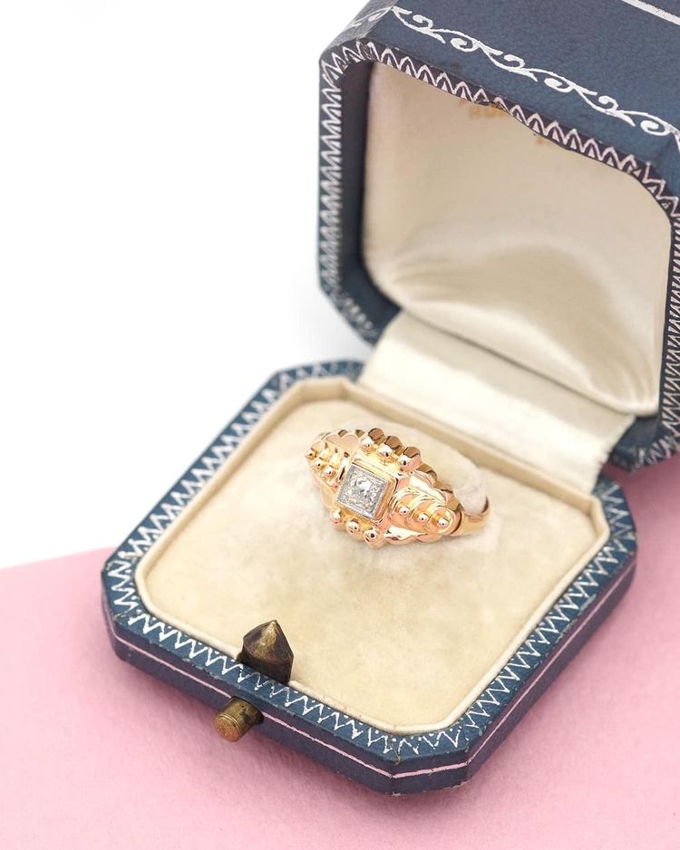 Anello solitario retrò con diamante in oro 18 carati, anello stile carro armato, anello vintage