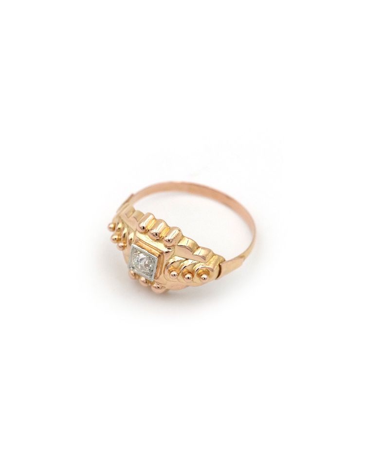Anello solitario retrò con diamante in oro 18 carati, anello stile carro armato, anello vintage