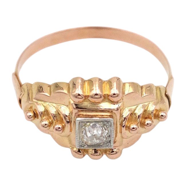 Anello solitario retrò con diamante in oro 18 carati, anello stile carro armato, anello vintage