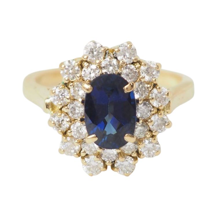Bague double entourage en or jaune, saphir et diamants