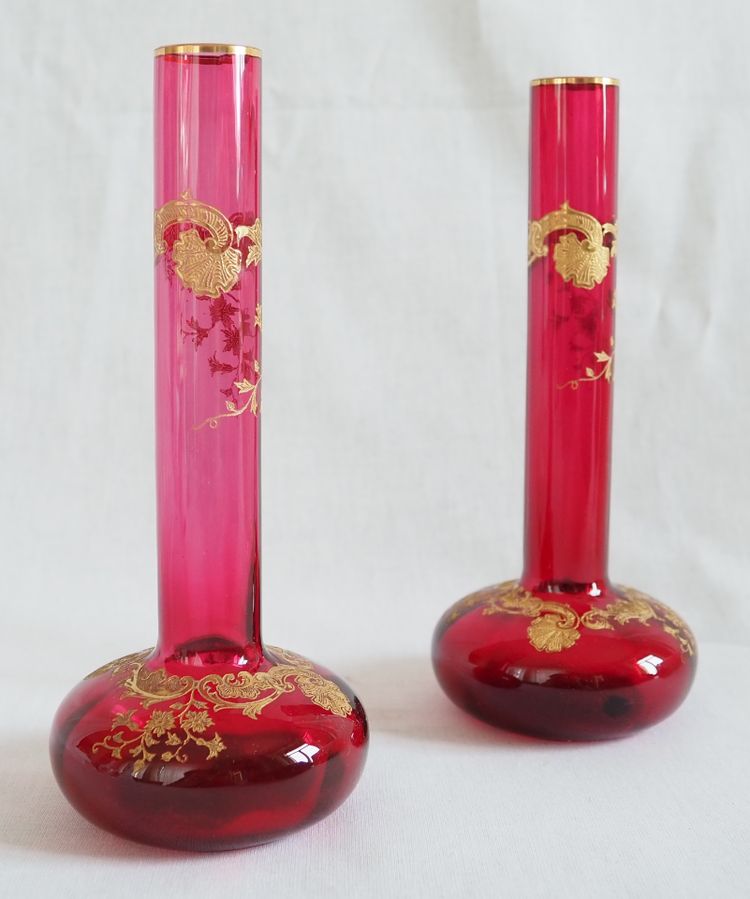 Pair of pink Saint Louis crystal vases - Massenet Gold gilt model