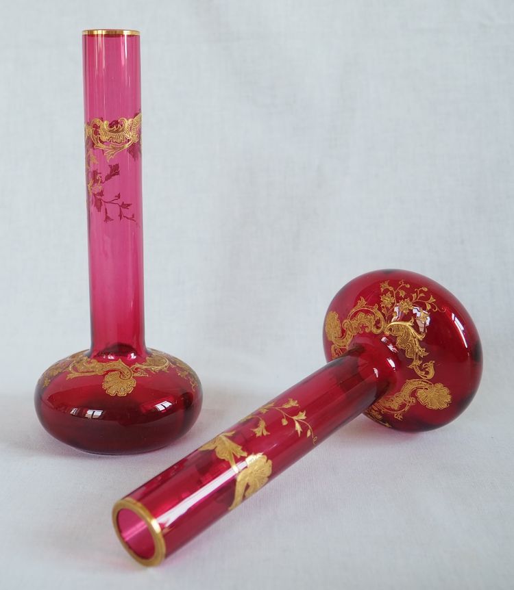 Pair of pink Saint Louis crystal vases - Massenet Gold gilt model