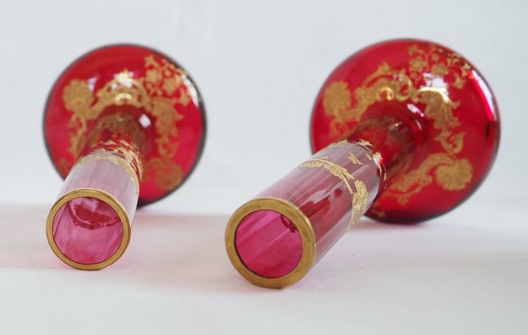 Pair of pink Saint Louis crystal vases - Massenet Gold gilt model