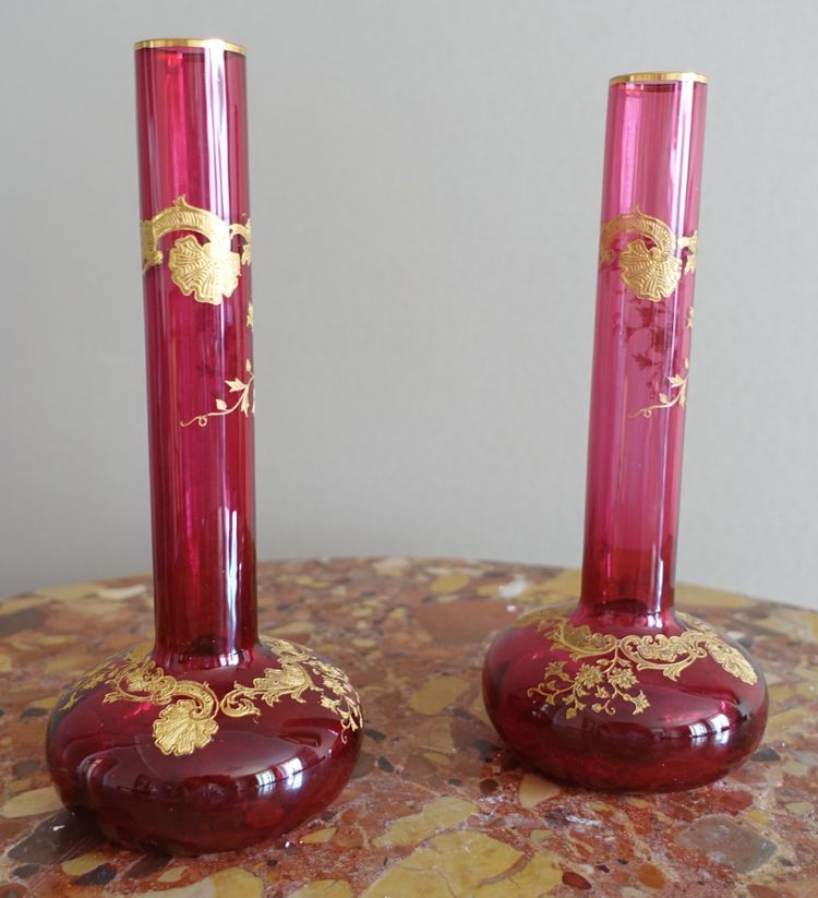 Pair of pink Saint Louis crystal vases - Massenet Gold gilt model