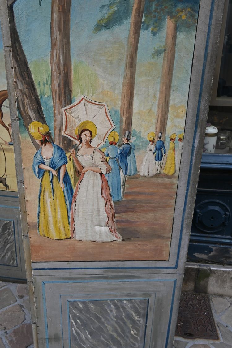 Paravento a tre foglie in tela dipinta del XIX secolo
