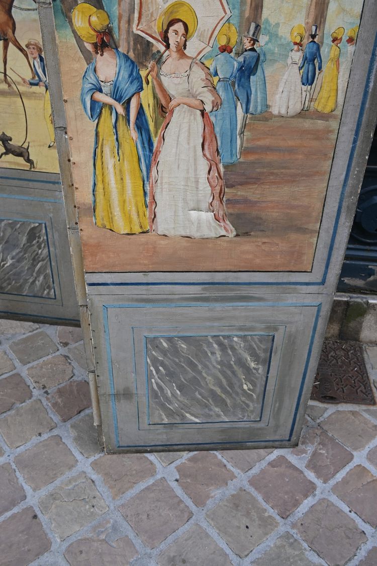 Paravento a tre foglie in tela dipinta del XIX secolo