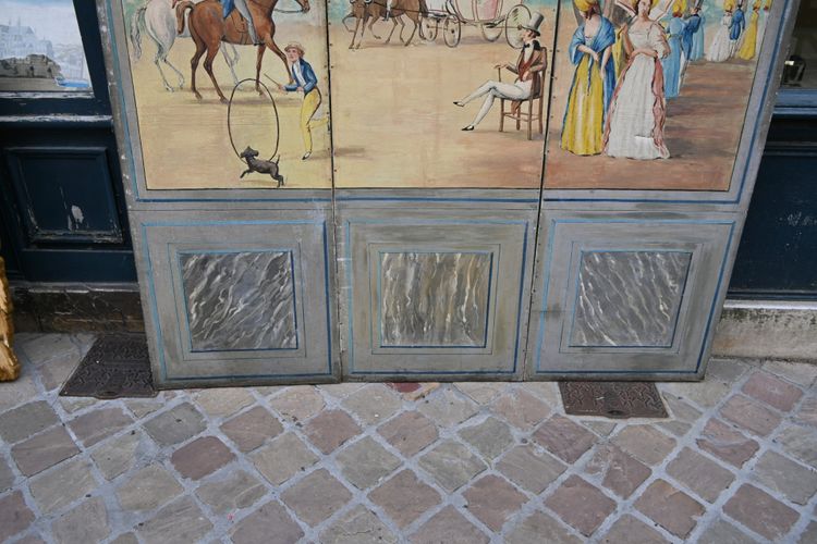 Paravento a tre foglie in tela dipinta del XIX secolo