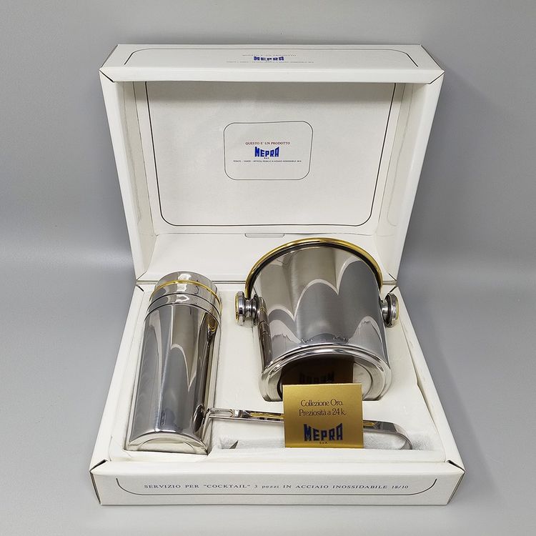 1970er Jahre Wunderschöner Cocktail-Shaker in Gold 24K und Edelstahl mit Eiskübel von Mepra. Hergestellt in Ita