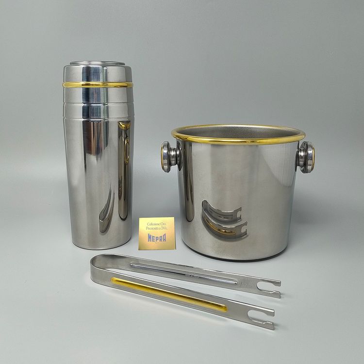 1970er Jahre Wunderschöner Cocktail-Shaker in Gold 24K und Edelstahl mit Eiskübel von Mepra. Hergestellt in Ita