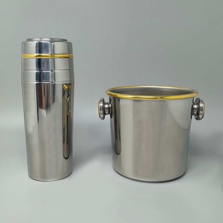 1970er Jahre Wunderschöner Cocktail-Shaker in Gold 24K und Edelstahl mit Eiskübel von Mepra. Hergestellt in Ita