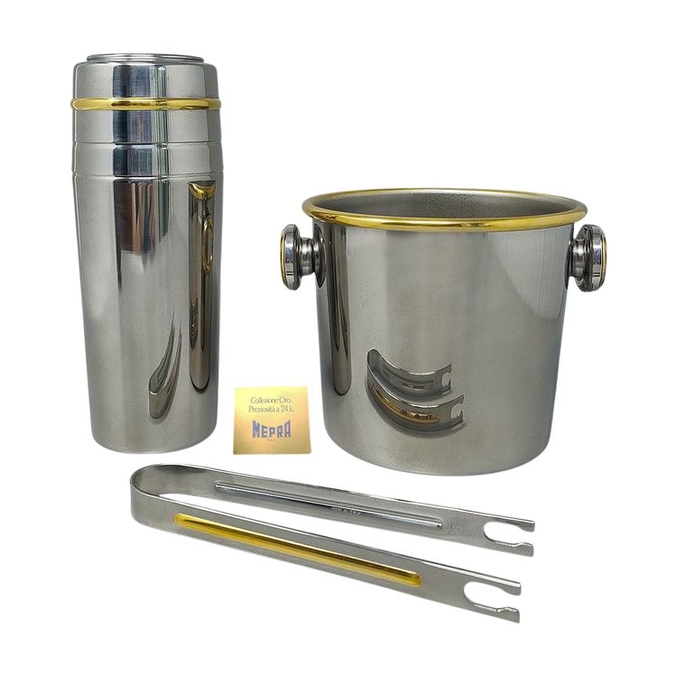 1970er Jahre Wunderschöner Cocktail-Shaker in Gold 24K und Edelstahl mit Eiskübel von Mepra. Hergestellt in Ita