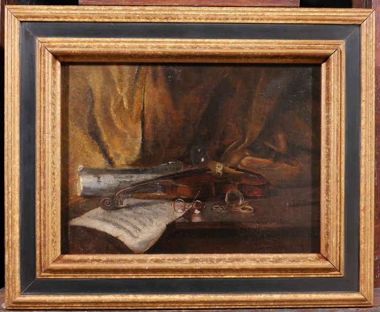 Emile BOULARD 1863-1943 Natura morta con violino, dipinto del 1900 circa Strumento musicale