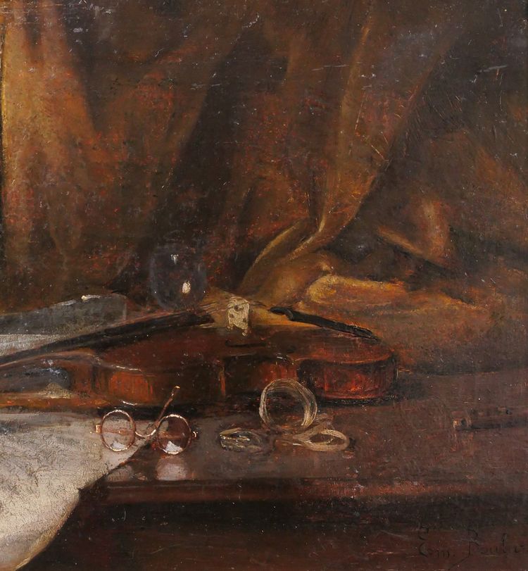 Emile BOULARD 1863-1943 Natura morta con violino, dipinto del 1900 circa Strumento musicale