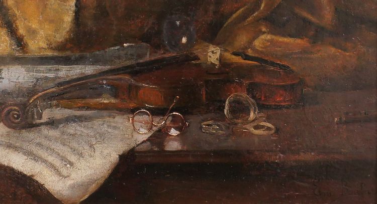Emile BOULARD 1863-1943 Natura morta con violino, dipinto del 1900 circa Strumento musicale