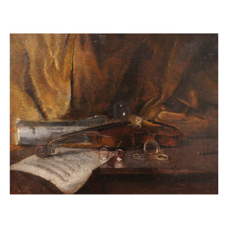 Emile BOULARD 1863-1943 Natura morta con violino, dipinto del 1900 circa Strumento musicale