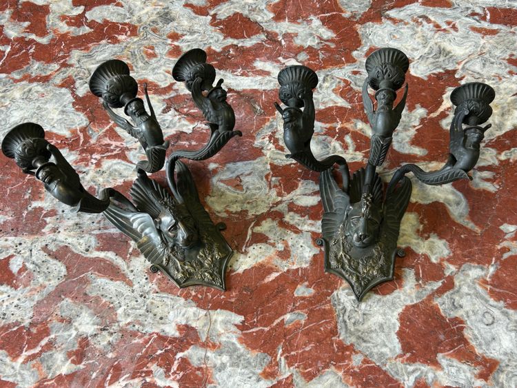 Pair Of Restoration - Empire Period Patinated Bronze Sconces