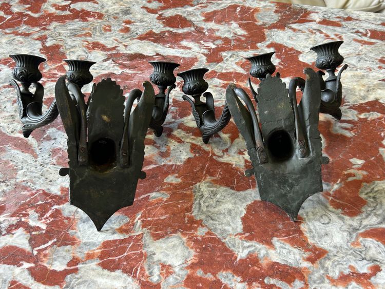Pair Of Restoration - Empire Period Patinated Bronze Sconces