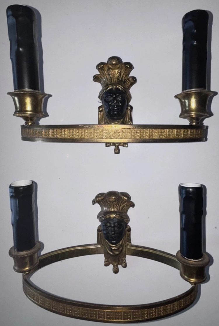 Maison BAGUES, Aux Indiens wall lights in gilded and patinated bronze