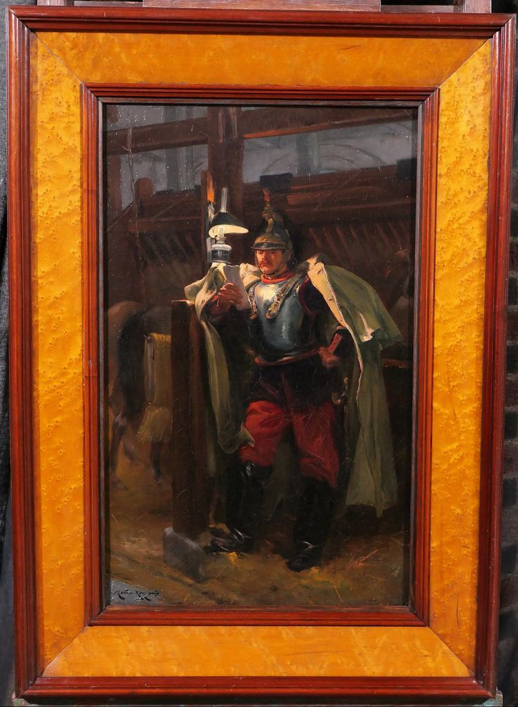Marius Roy 1853-1921 Soldato che legge una lettera la sera nella stalla, dipinto militaria cavallo esercito