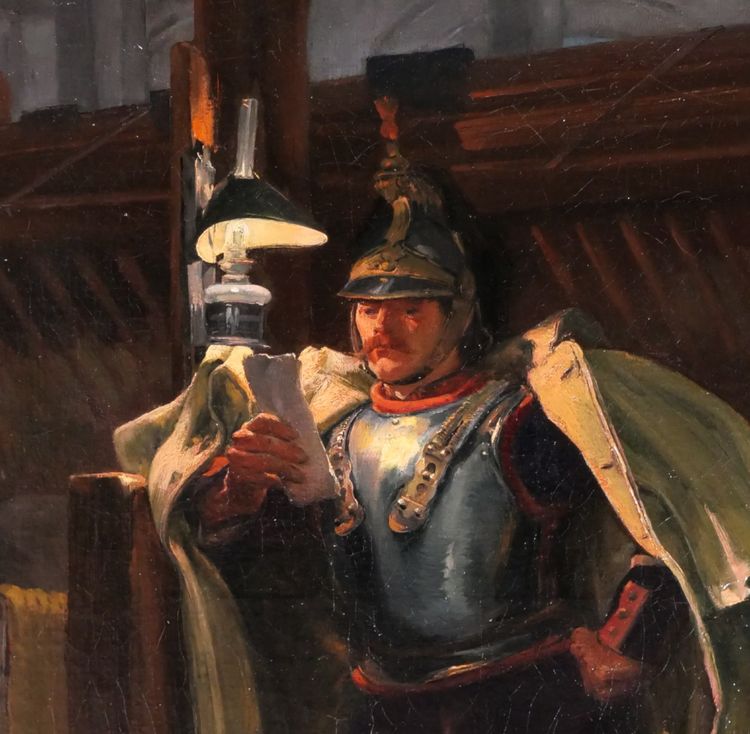 Marius Roy 1853-1921 Soldato che legge una lettera la sera nella stalla, dipinto militaria cavallo esercito