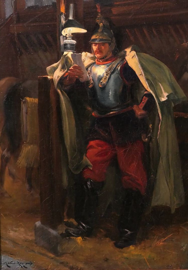 Marius Roy 1853-1921 Soldato che legge una lettera la sera nella stalla, dipinto militaria cavallo esercito
