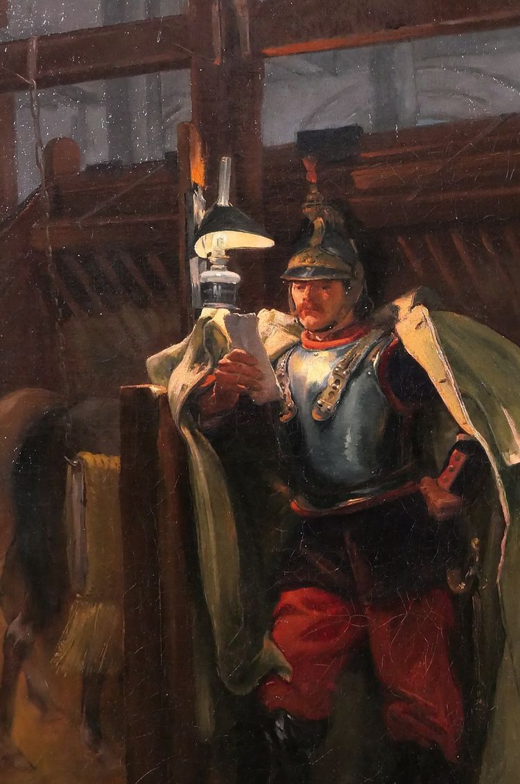 Marius Roy 1853-1921 Soldato che legge una lettera la sera nella stalla, dipinto militaria cavallo esercito