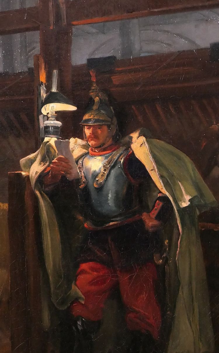 Marius Roy 1853-1921 Soldato che legge una lettera la sera nella stalla, dipinto militaria cavallo esercito