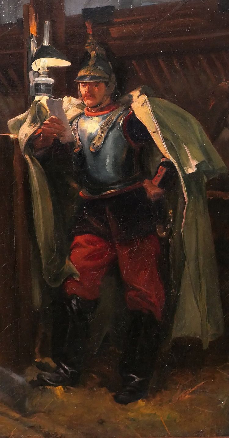 Marius Roy 1853-1921 Soldato che legge una lettera la sera nella stalla, dipinto militaria cavallo esercito