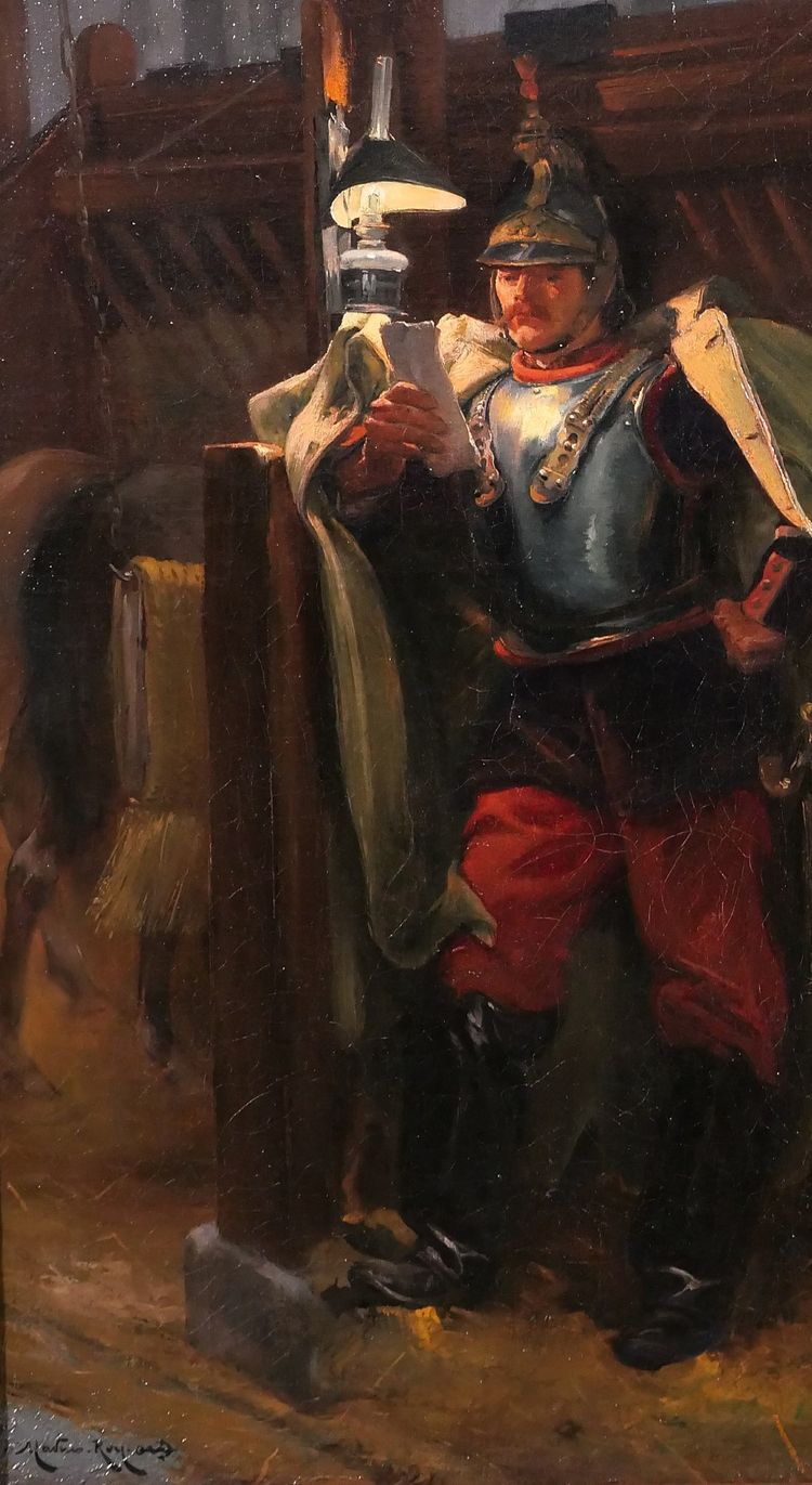 Marius Roy 1853-1921 Soldato che legge una lettera la sera nella stalla, dipinto militaria cavallo esercito