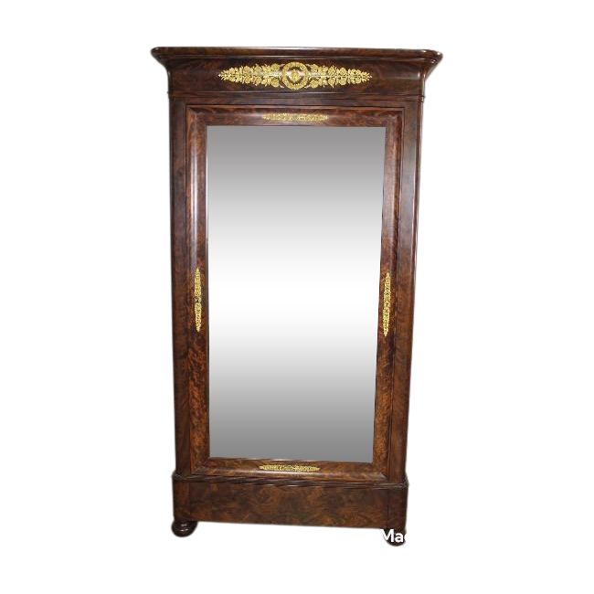 Armoire in mogano e bronzo con grande specchio e cassetto XIX secolo Periodo della Restaurazione