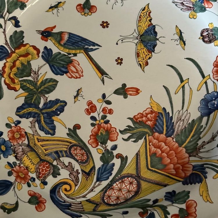 Large dish in Rouen earthenware, polychrome cornucopia 18th century