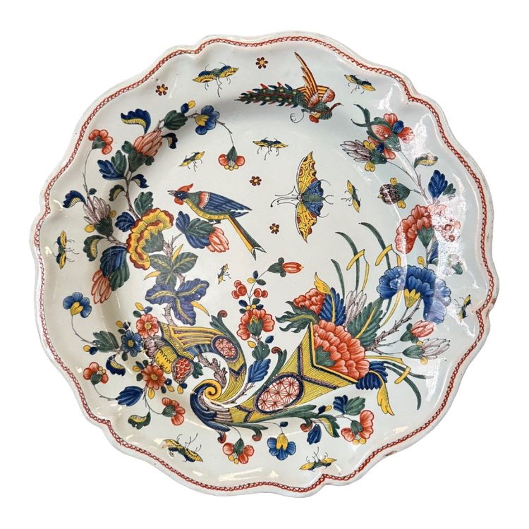 Large dish in Rouen earthenware, polychrome cornucopia 18th century