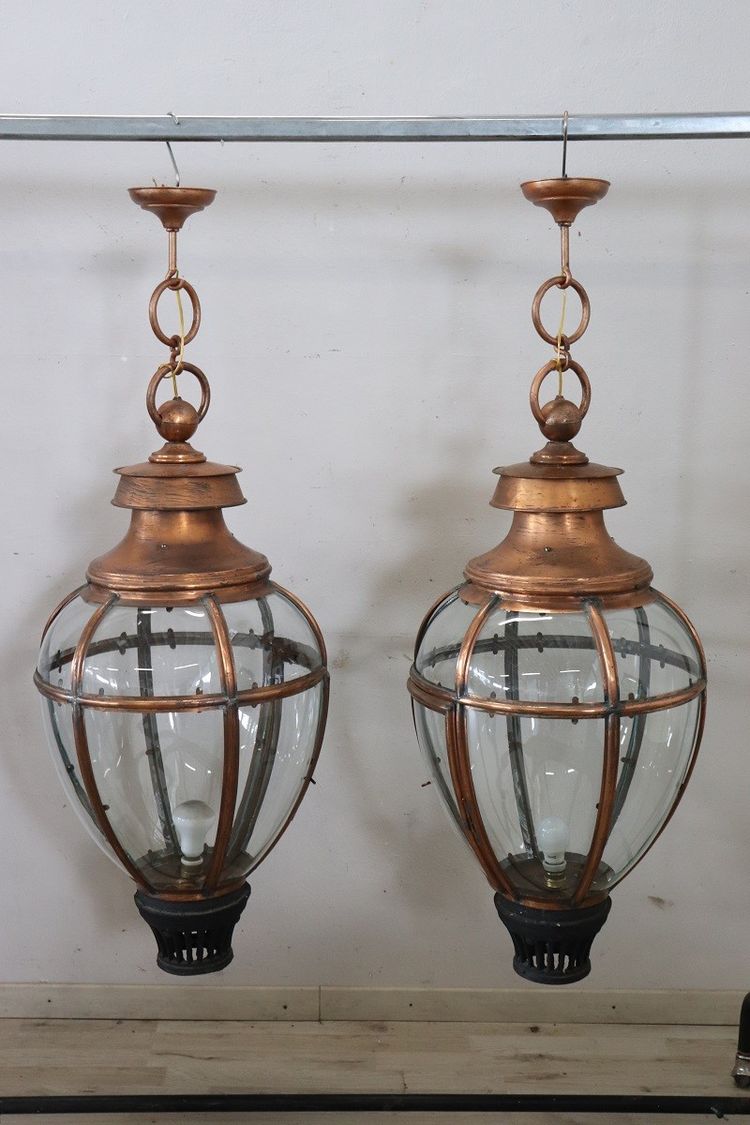 Grandes Lanternes Vintage en Cuivre et Verre, 1940s, Set de 2