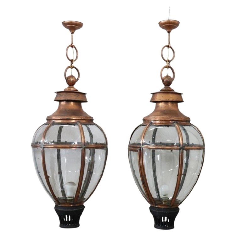 Grandes Lanternes Vintage en Cuivre et Verre, 1940s, Set de 2