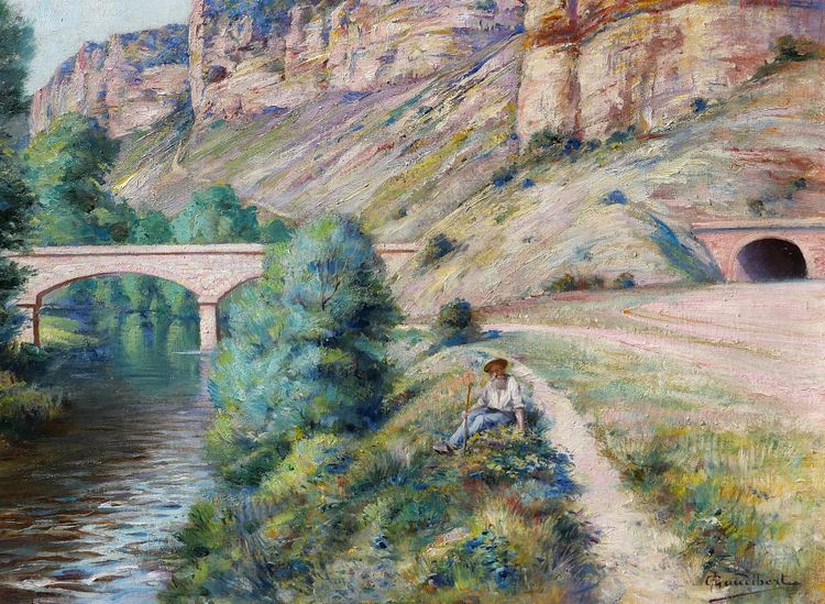 Auguste GAUDIBERT 1865-1908 Burgund, Yonne, Arcy-sur-Cure, Landschaft, Gemälde um 1900