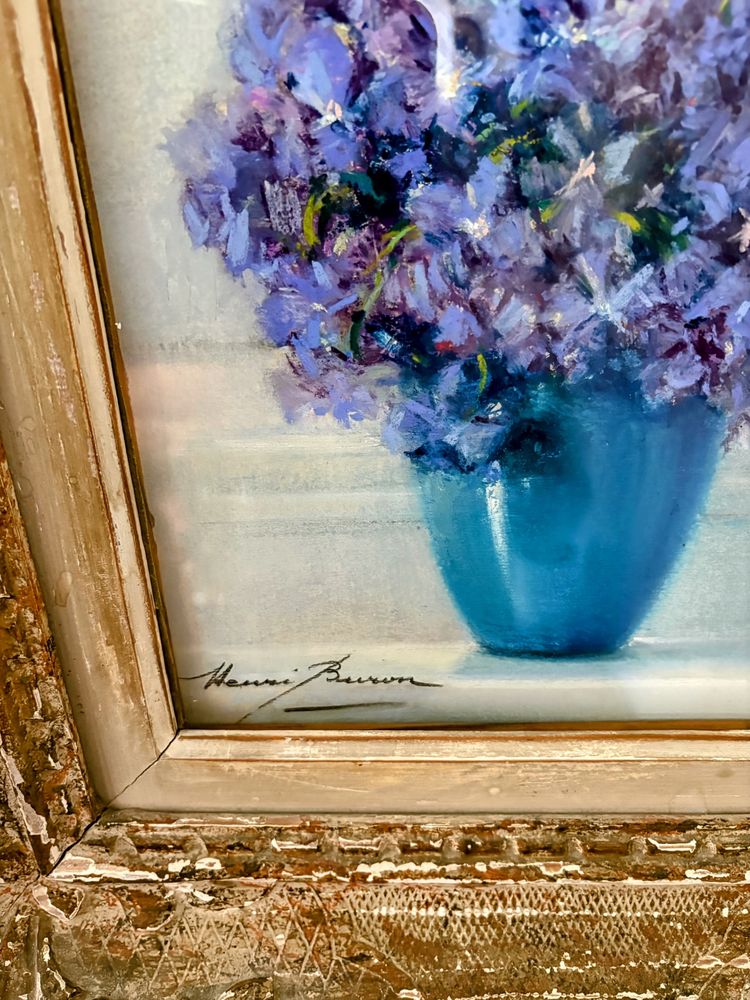 Coppia di pastelli floreali blu - Henri Buron (Rouen, XX secolo) - 1950 ca.