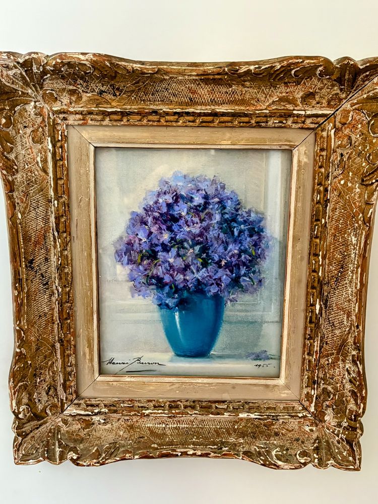 Coppia di pastelli floreali blu - Henri Buron (Rouen, XX secolo) - 1950 ca.