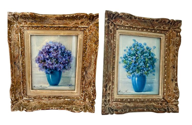 Paire de pastels floraux bleus – Henri Buron (Rouen, XXe) – Vers 1950